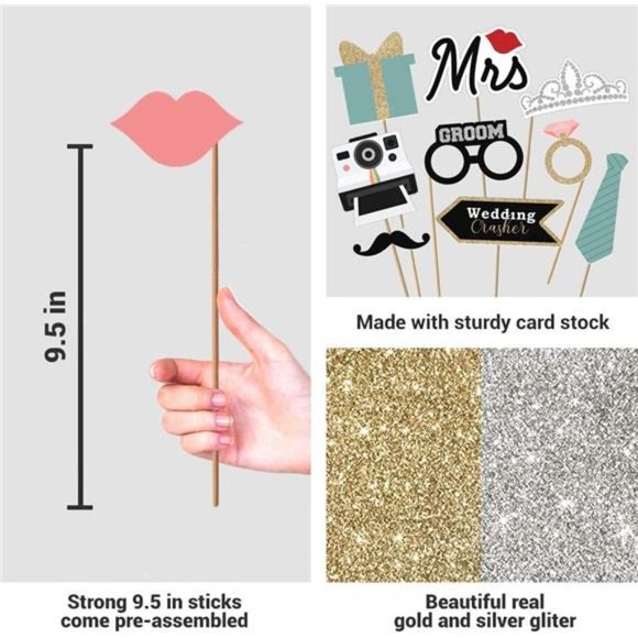 Fully Assembled Wedding Photo Booth Props - Set of 40 - Gold, Pink, Teal - Picture 3 of 7